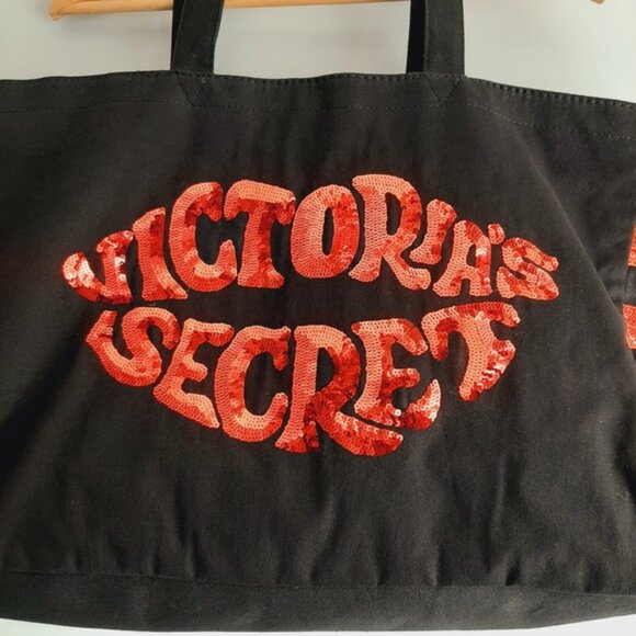 VICTORIA SECRET Canvas Red Sequin Lips Weekender Travel Shopper Tote Bag Black - Picture 4 of 13
